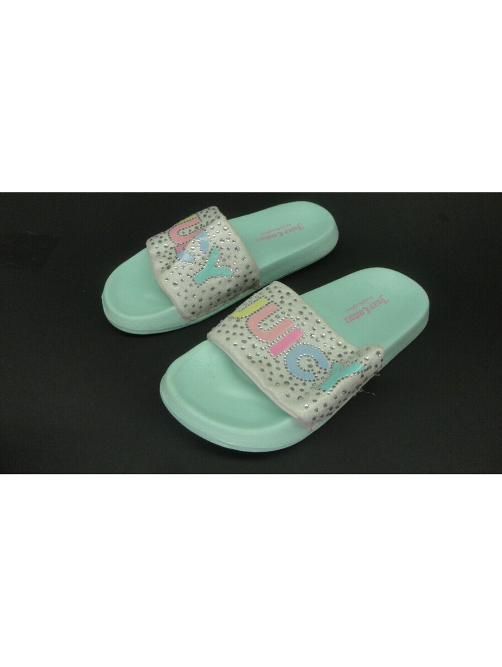 Juicy Couture Girls Slides Slipper Sandals Rhinestones Open Toe AquaMarine Sz 12